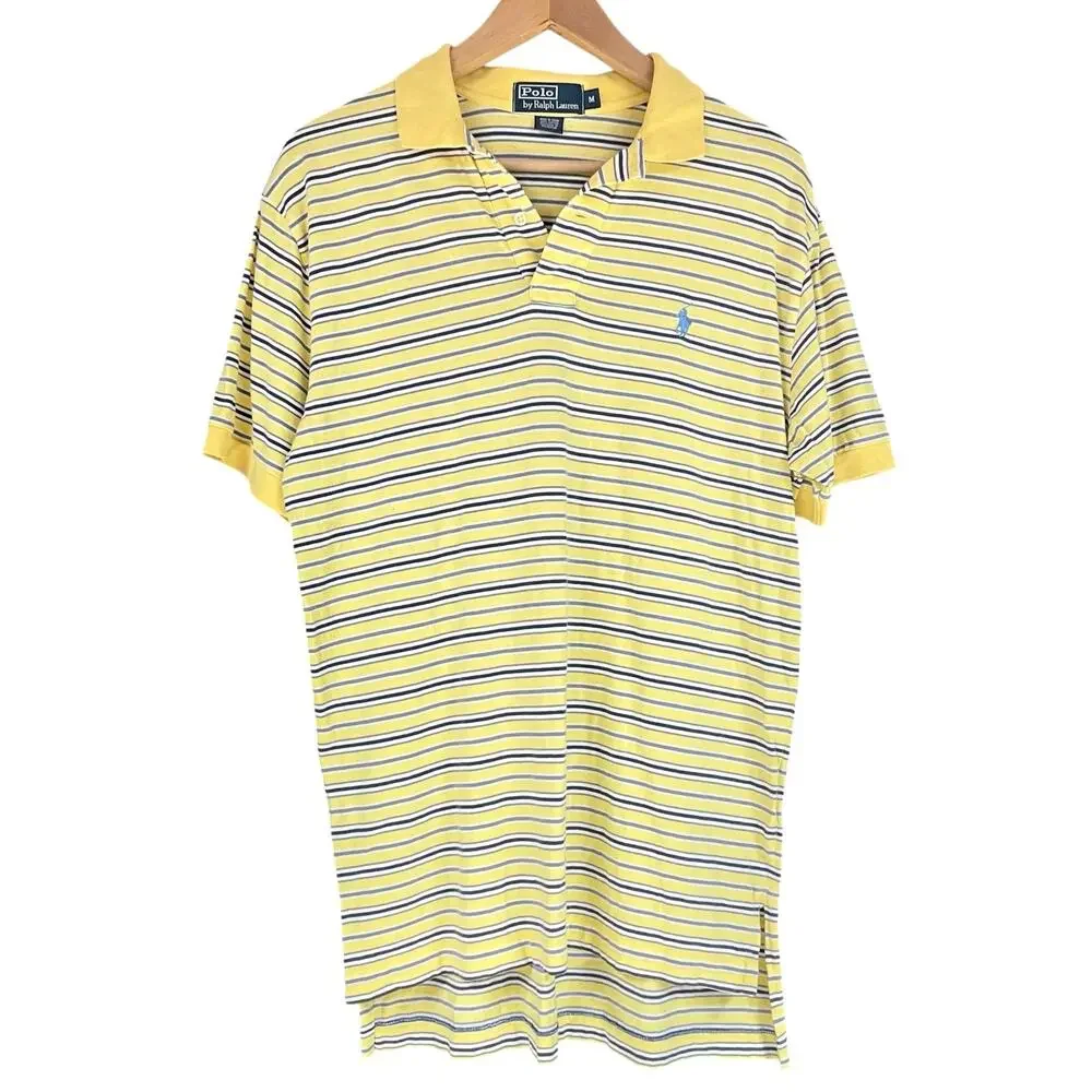 POLO RALPH LAUREN Striped Classic Polo Shirt Pony Logo Size M Yellow Blue Gray